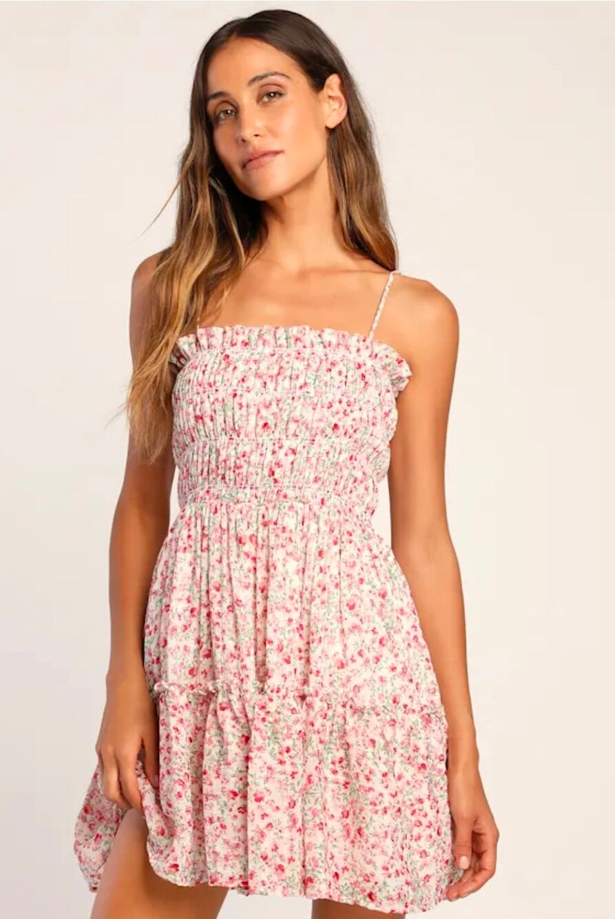 NWT Lulus Flowy Coquette Pink Floral Print Smocked Tiered Mini Dress Large